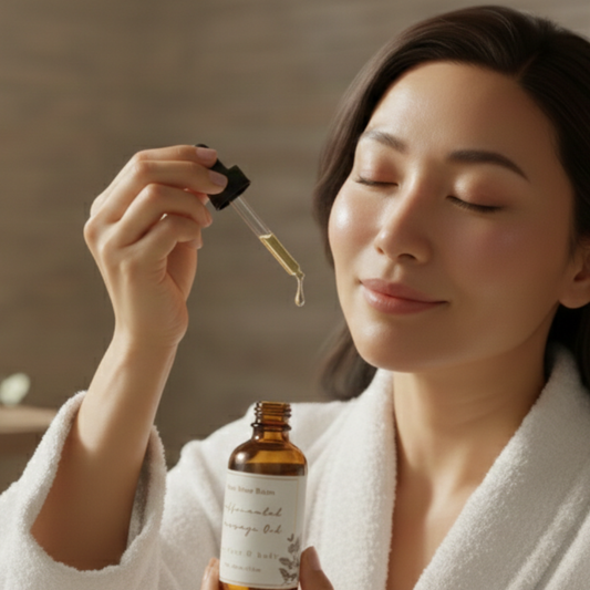 Woman in a white robe holding a dropper with a Moo Moo Caffeinated massage oil.