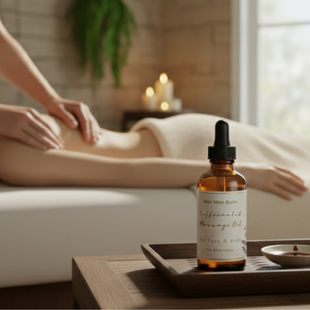 Bottle of moo moo caffeinated massage oil on a tray with a person receiving a massage in the background