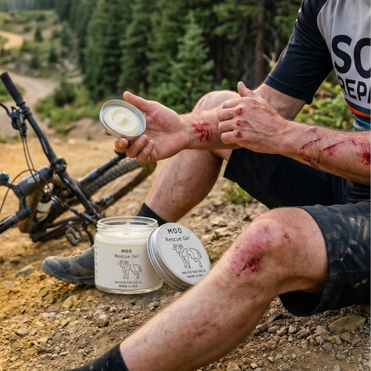 Man applying Moo Moo Rescue Gel on cuts and scrapes after an outdoor bike ride, using a natural tallow balm to soothe irritated skin on a rugged trail