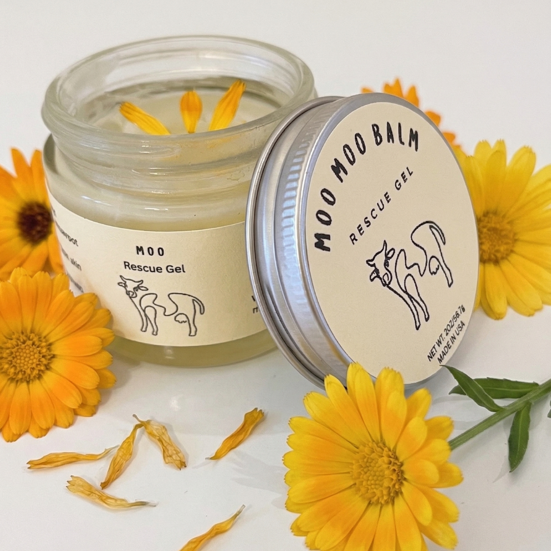 Moo Moo Rescue Gel natural tallow balm with calendula flowers, soothing balm for irritated and sensitive skin with botanical ingredients