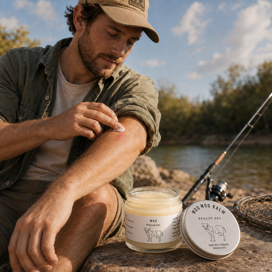 Man applying Moo Moo Rescue Gel to an insect bite while fishing outdoors. Portable skin rescue balm for bug bites, outdoor irritation, and sensitive skin support.