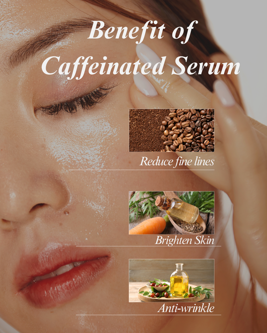 Moo Moo Balm Moocha Caffeinated Serum benefits infographic showing skin application and ingredients like coffee beans, carrot extract, and vitamin E oil — reduces fine lines, brightens skin, and smooths wrinkles naturally.