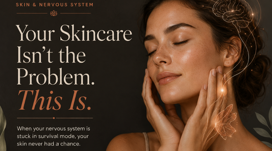 Serene woman gently holding her face with eyes closed, surrounded by subtle brain and nervous system line art, illustrating the connection between stress, skin health, and facial repair.