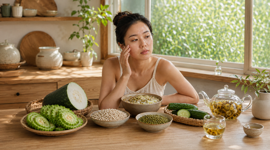 Sunlit kitchen scene with TCM summer foods for oily, congested skin.
