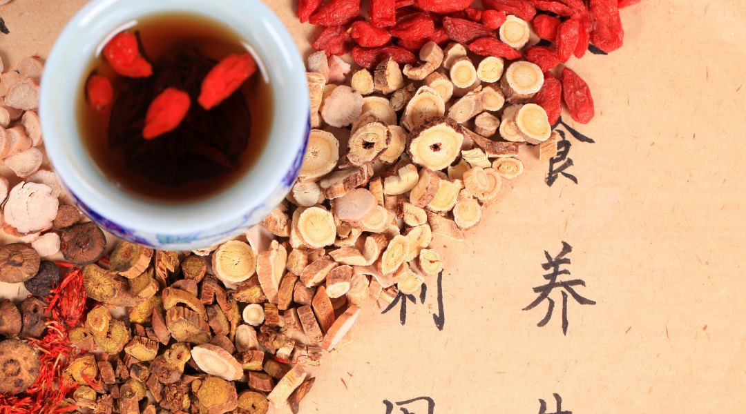 4:32 PM Traditional Chinese herbs and tea with handwritten characters 食養利生 — nourishing the body through food as medicine