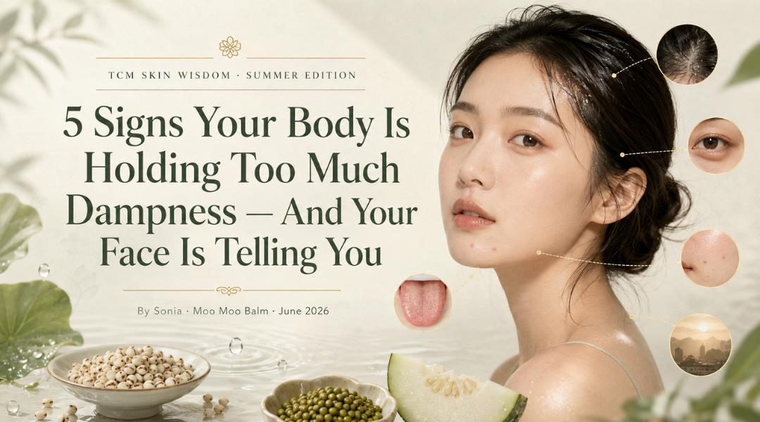 TCM summer skincare blog cover featuring an East Asian woman, dampness skin signs, and cooling foods like mung beans, Job’s tears, and winter melon.