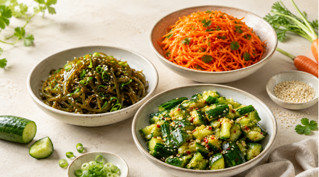 Three colorful summer cold salads with cucumber, kelp, and shredded carrot in ceramic bowls.
