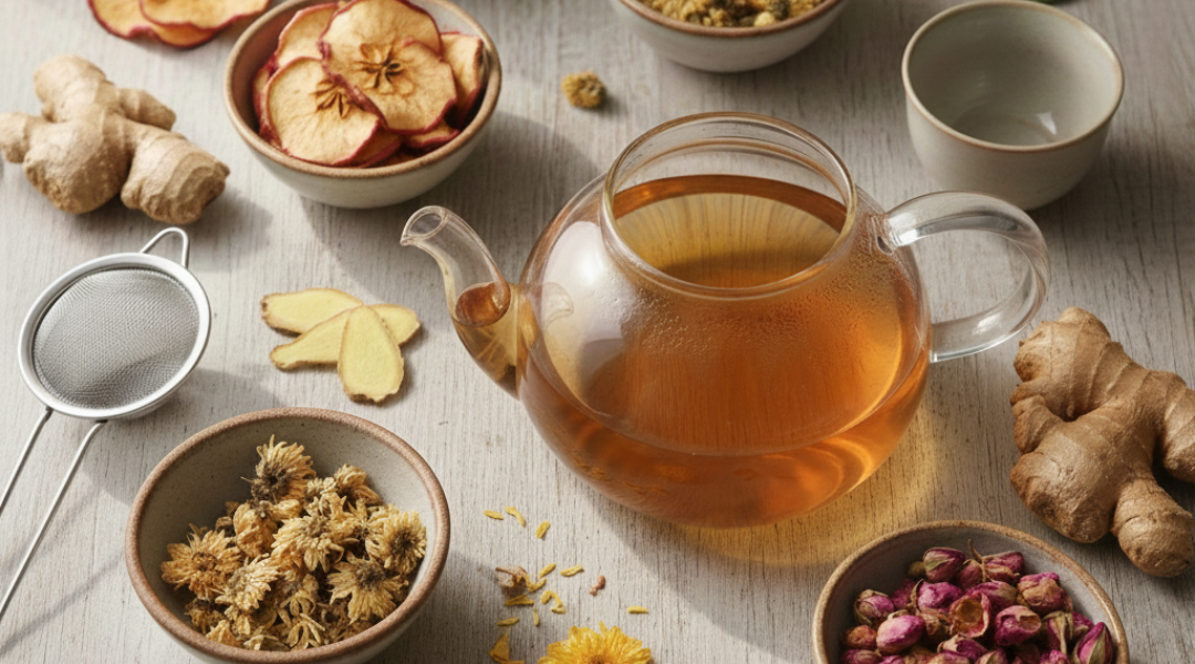 Glass teapot filled with warm herbal tea, surrounded by apple slices, ginger root, dried chrysanthemum flowers, and rose buds on a wooden table.