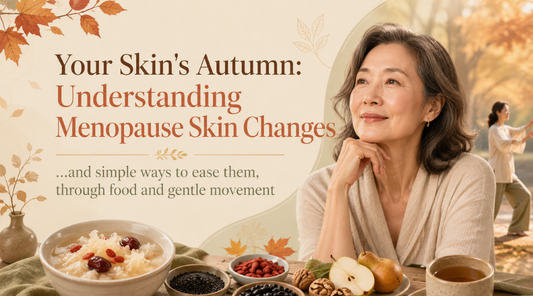 Menopause skin changes blog banner with a mature woman, autumn leaves, nourishing foods, and the title “Your Skin’s Autumn.