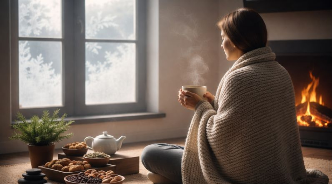 A woman wrapped in a blanket sits by a window on a winter morning, holding a warm cup of tea near a fireplace.