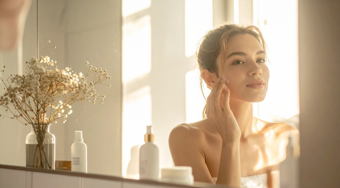 woman applying natural moisturizer during seasonal skin care routine in soft morning light