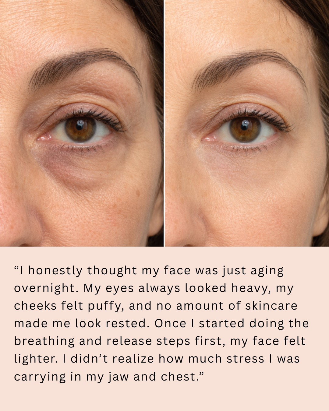 Before and after nervous system reset facial massage showing reduced under-eye puffiness and lighter-looking skin, with customer review about jaw and chest tension release