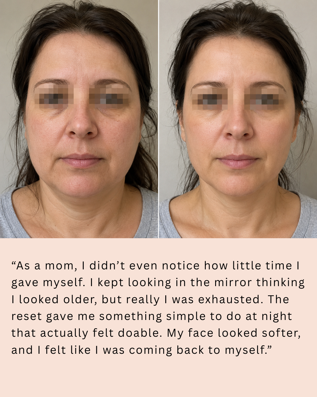 Before and after nervous system reset facial massage showing softer facial appearance, with customer review from a mom about finding a simple nighttime self-care routine