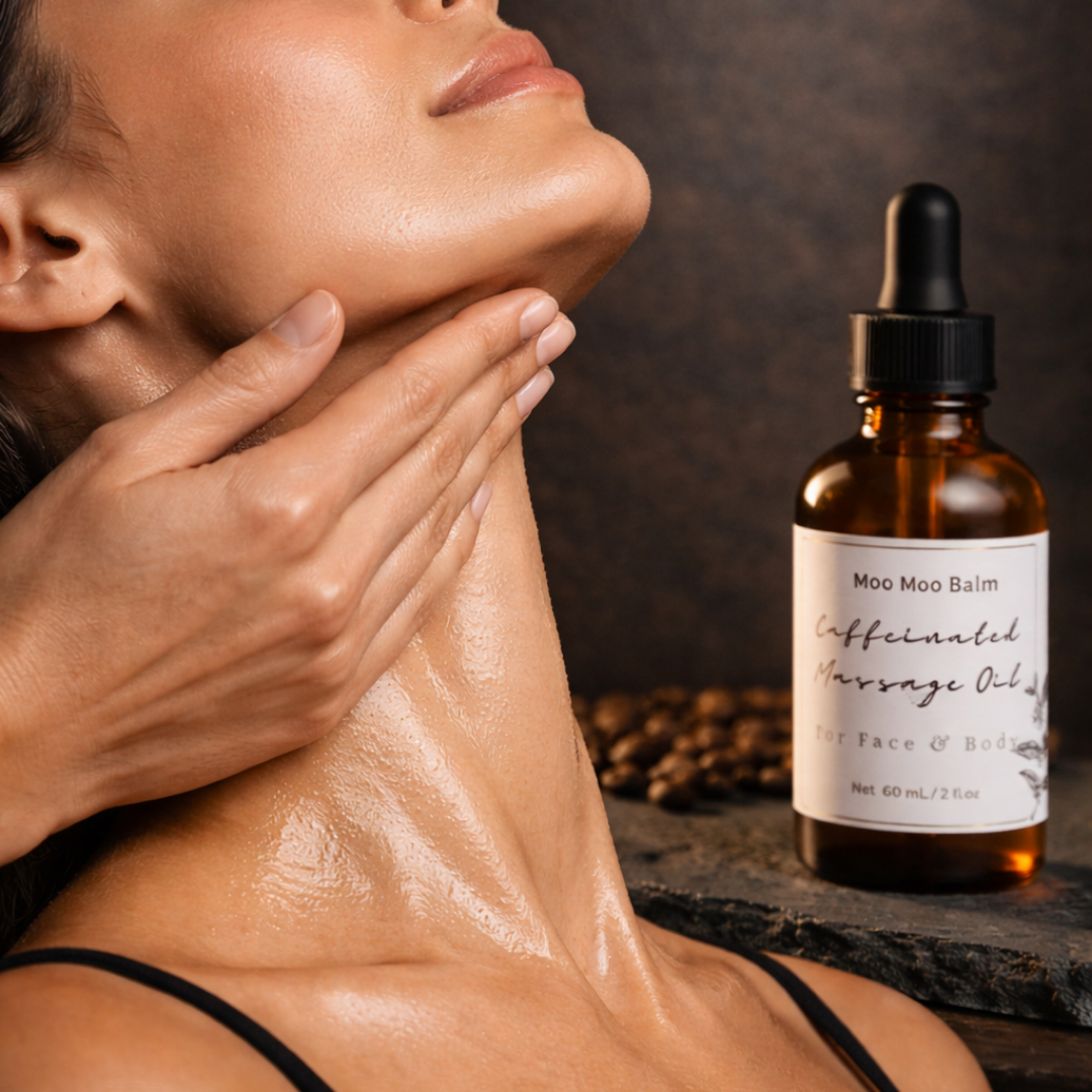 Woman applying oil to neck with a bottle of Moo Moo Balm Caffeinated massage oil in the background