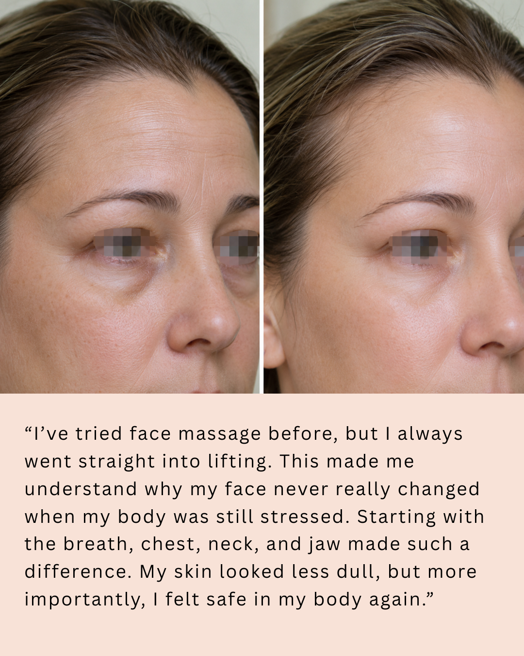 Before and after nervous system reset facial massage showing less dull skin from a 3/4 angle, with customer review about why face massage only works when the body is no longer stressed