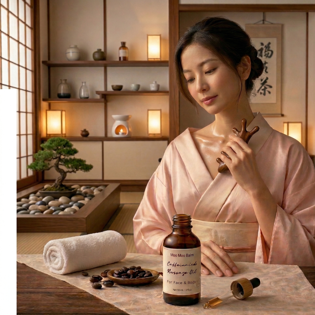 gua sha facial massage ritual with caffeinated oil for relaxation and natural skin sculpting