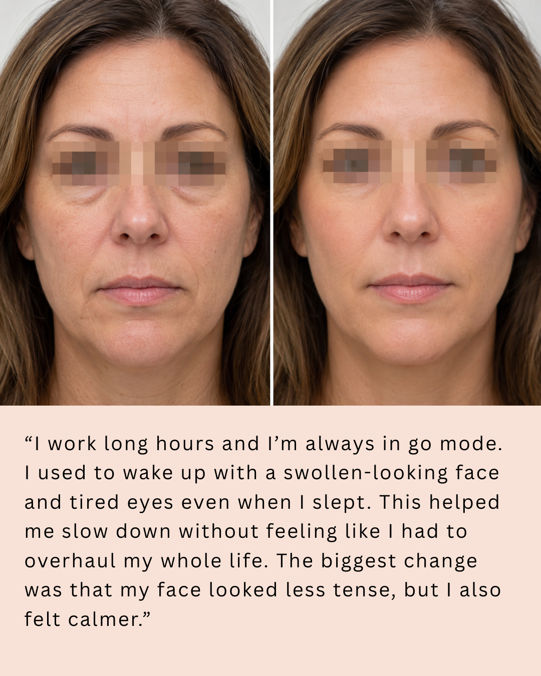 Before and after nervous system reset facial massage showing reduced facial tension and puffiness, with customer review from a high-achiever about slowing down without overhauling her life