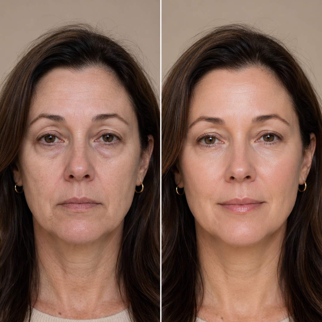 Before and after tired face transformation with improved skin tone, reduced dullness, brighter eyes, and a more lifted, refreshed look.