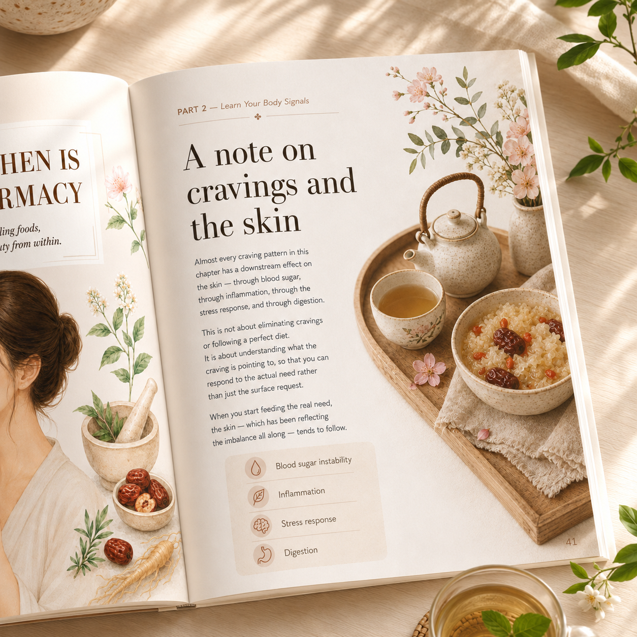 An open interior page from the “Your Kitchen Is Your Pharmacy” digital wellness guide featuring the chapter “A note on cravings and the skin.” The page combines elegant editorial design with soft botanical illustrations, herbal ingredients, and a calming tea setting. The content explores the connection between cravings, blood sugar, inflammation, stress response, digestion, and skin health through holistic Asian-inspired wellness principles.