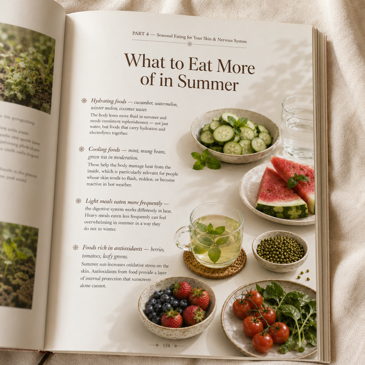 Open seasonal wellness ebook featuring summer skincare nutrition guidance, hydrating foods, antioxidant-rich ingredients, and Asian-inspired holistic health practices in a soft natural editorial setting.