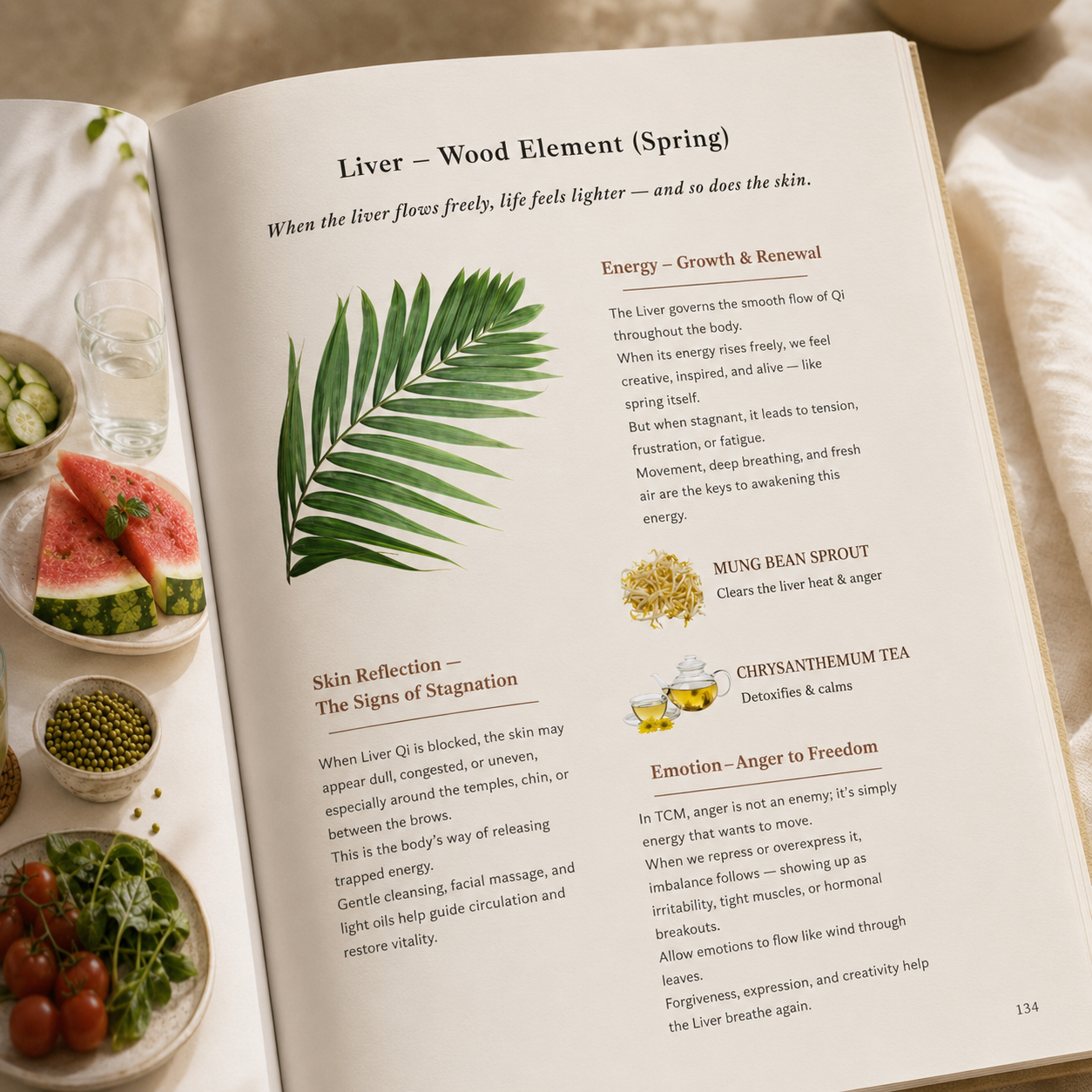 Open wellness ebook featuring Traditional Chinese Medicine-inspired spring skincare guidance, seasonal foods, liver energy balance, and calming botanical illustrations in a warm editorial setting.