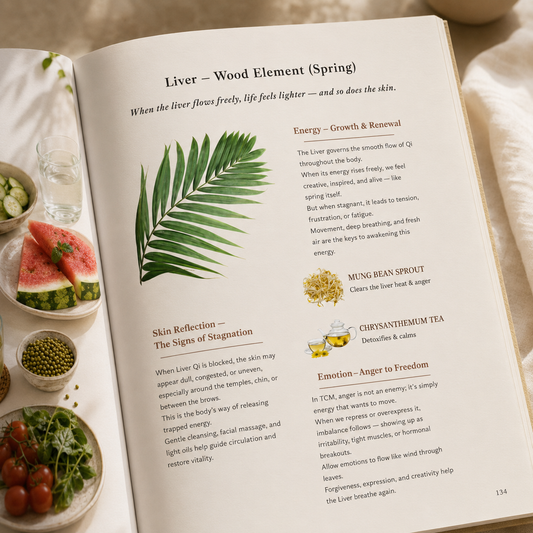 Open wellness ebook featuring Traditional Chinese Medicine-inspired spring skincare guidance, seasonal foods, liver energy balance, and calming botanical illustrations in a warm editorial setting.
