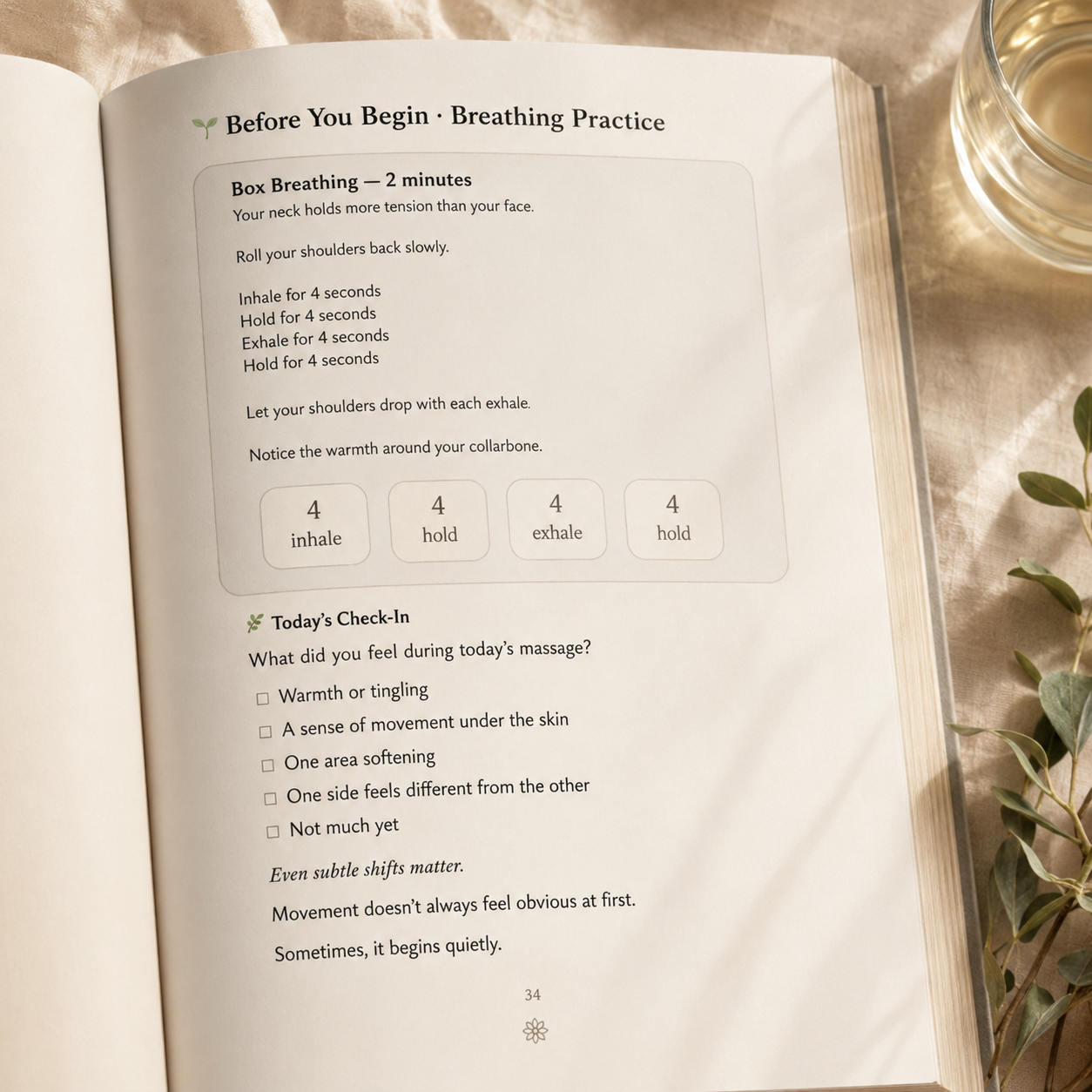 Open nervous system reset ebook featuring a guided box breathing exercise, mindful facial massage check-in prompts, and calming wellness rituals in a warm minimal editorial setting.