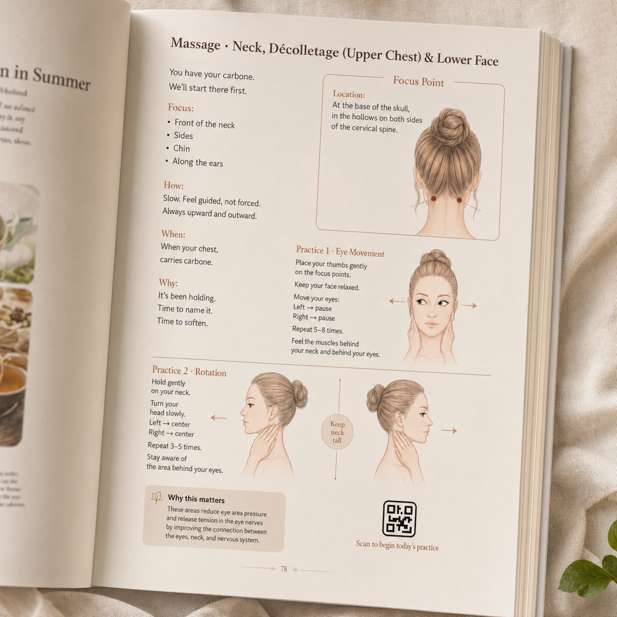 Open facial massage and nervous system reset ebook featuring guided neck, jaw, and lymphatic release techniques with anatomical illustrations, breathing cues, and wellness-focused self-care practices in a calm editorial setting.