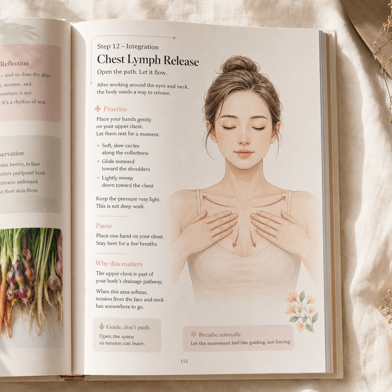Open nervous system reset ebook featuring guided chest lymphatic drainage techniques, calming self-massage instructions, breathwork cues, and soft anatomical illustrations in a warm minimalist wellness setting.