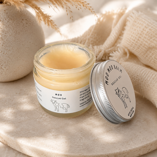 Moo Moo Rescue Gel in a glass jar with calendula-infused tallow balm. Small-batch skin rescue formula for bug bites, irritation, redness, and sensitive skin support.