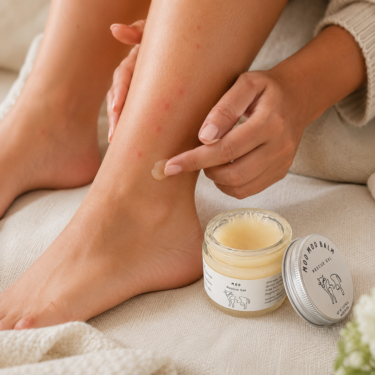 Woman applying Moo Moo Rescue Gel to mosquito bites on her ankle. Gentle tallow and calendula balm designed to soothe irritated skin and everyday bug bites.
