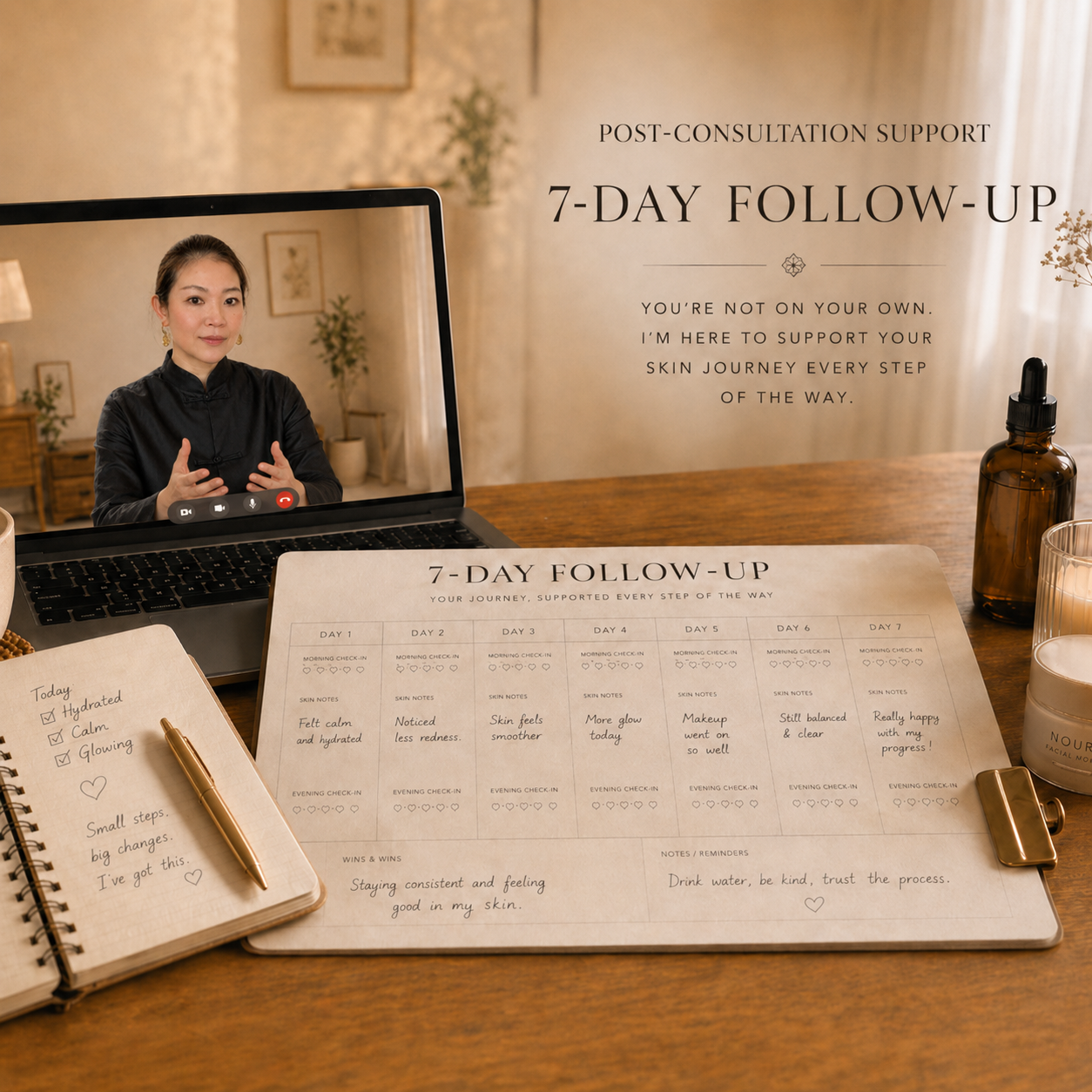 7-day follow-up support included with the Face & Skin Reset consultation, featuring personalized guidance, progress tracking, skincare recommendations, and ongoing support after the session.