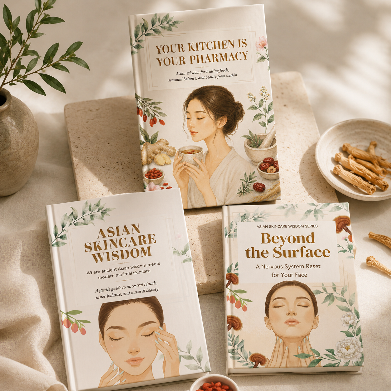 Three wellness ebooks styled in a warm neutral flat lay setting with Asian-inspired skincare and herbal healing themes.