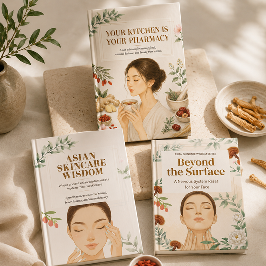 Three wellness ebooks styled in a warm neutral flat lay setting with Asian-inspired skincare and herbal healing themes.