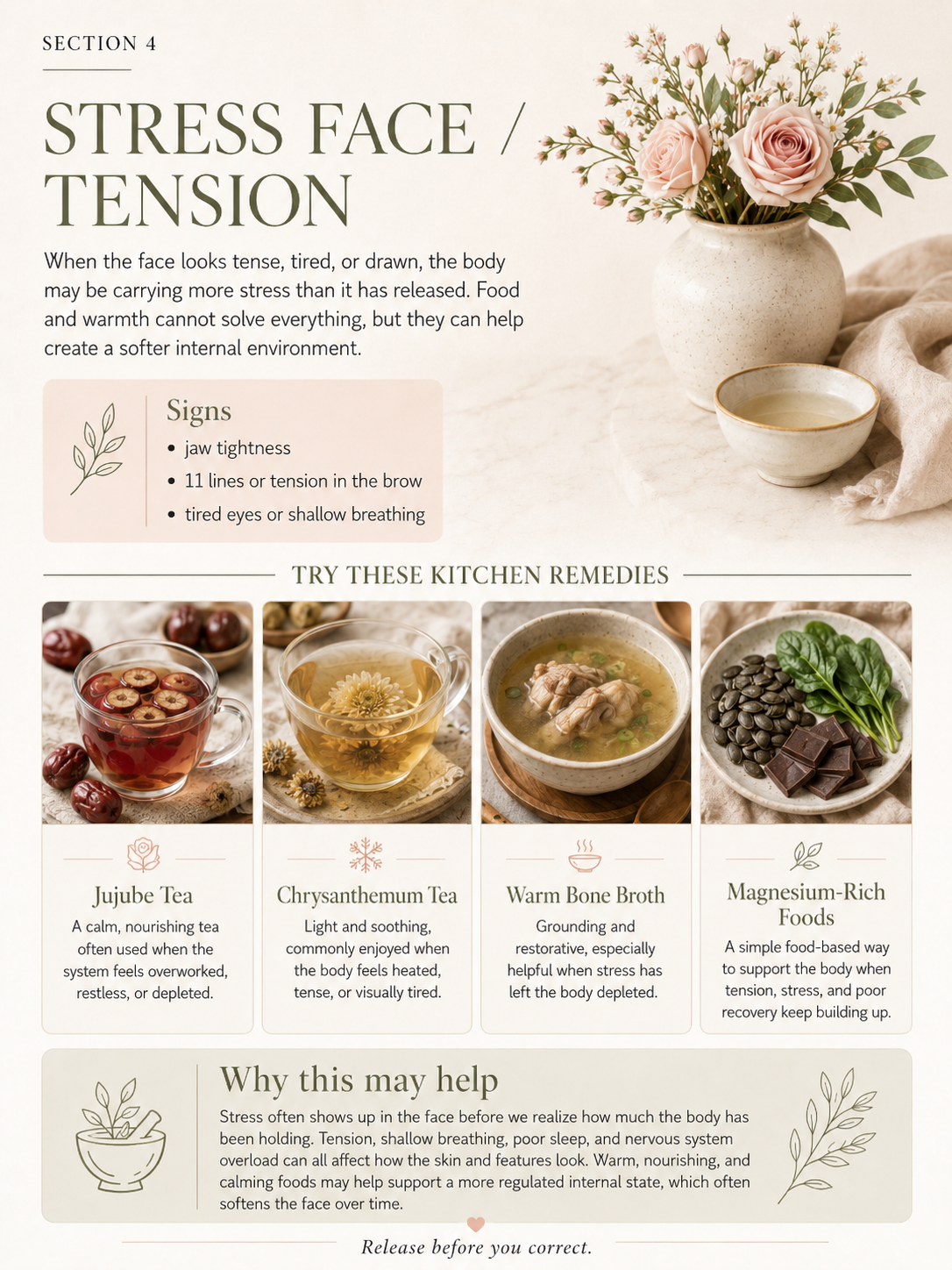 Stress face and facial tension wellness guide featuring jujube tea, chrysanthemum tea, bone broth, and magnesium-rich foods for natural stress support