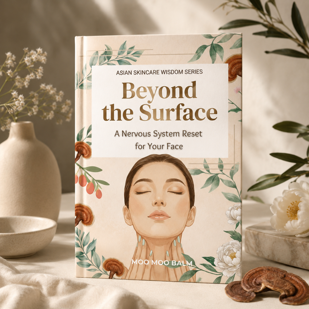 Beyond the Surface nervous system reset ebook by Moo Moo Balm, featuring facial massage and traditional Asian wellness in a botanical book mockup.