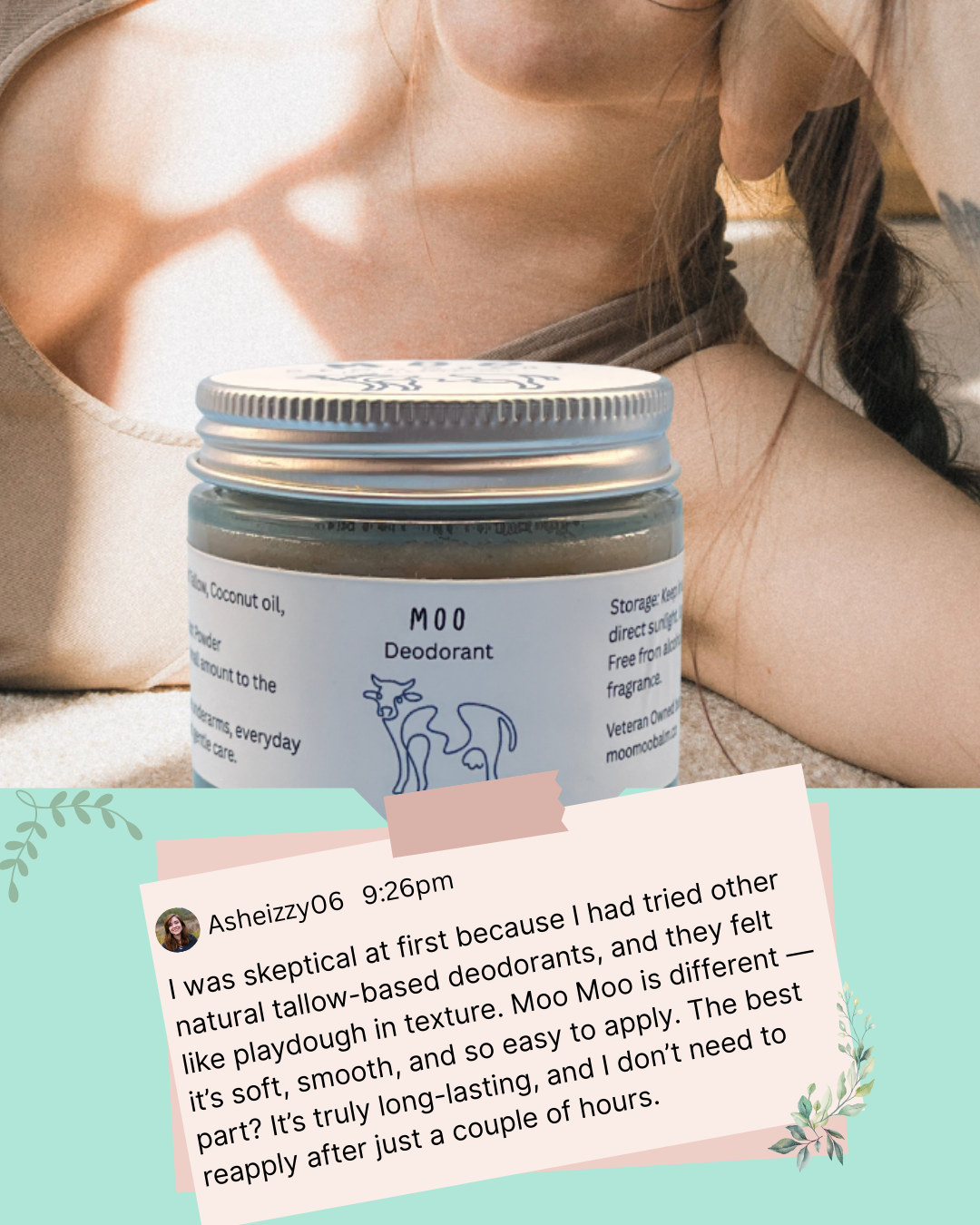 Moo Moo Balm magnesium deodorant jar in front of a woman relaxing in natural light, with a customer testimonial describing its soft, smooth texture and long-lasting, fragrance-free performance.