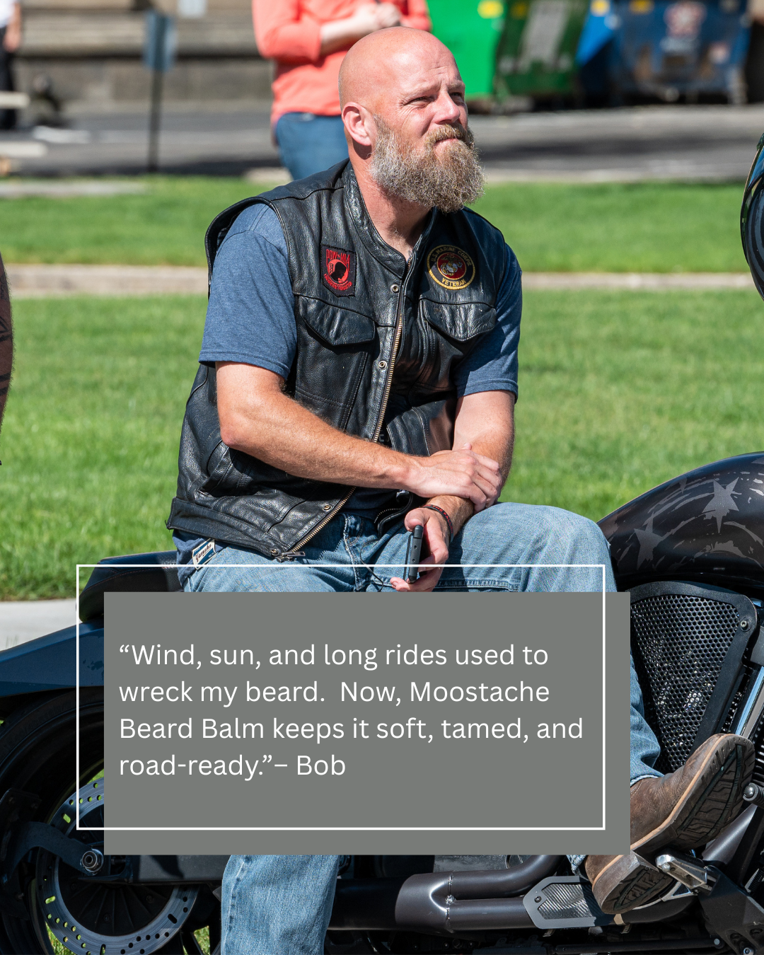 Man with beard sitting on motorcycle outdoors, featuring customer review for Moo Moo Balm Moostache Beard Cream — natural tallow beard balm that keeps beards soft, tamed, and road-ready.