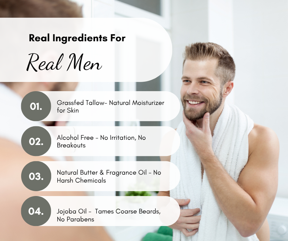 Man grooming his beard in bathroom, featuring Moo Moo Balm Moostache Beard Cream with natural ingredients like grass-fed tallow, jojoba oil, and natural butter, alcohol-free and chemical-free for real men.