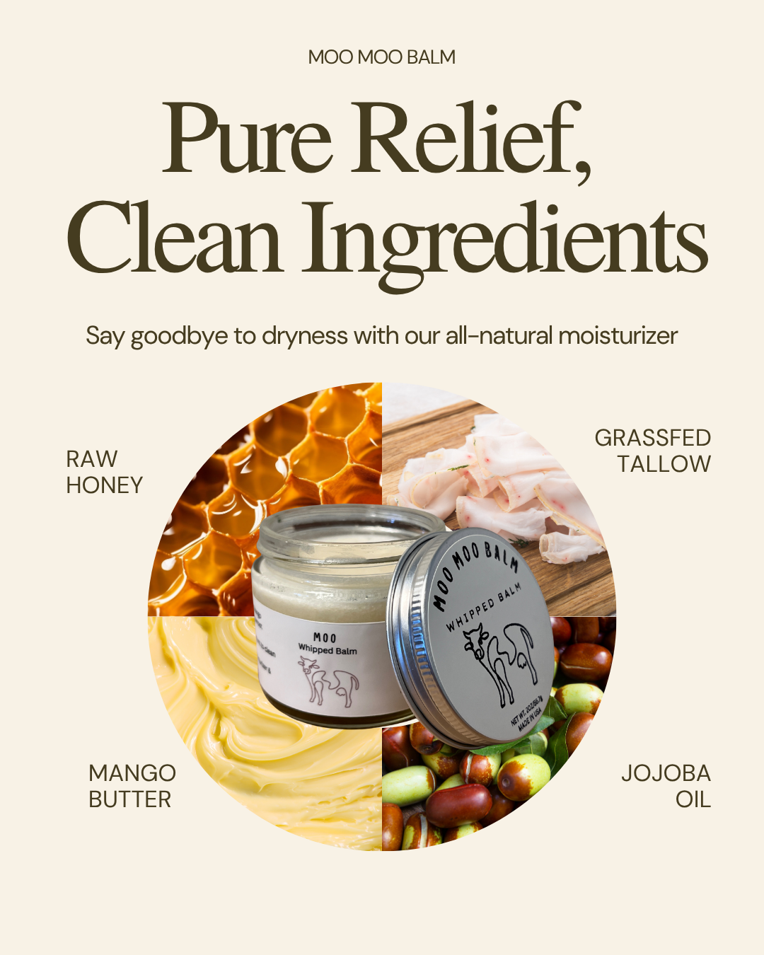 Moo Moo Balm whipped tallow moisturizer with clean ingredients chart showing grass-fed tallow, raw honey, mango butter, and jojoba oil for natural skin relief and hydration.